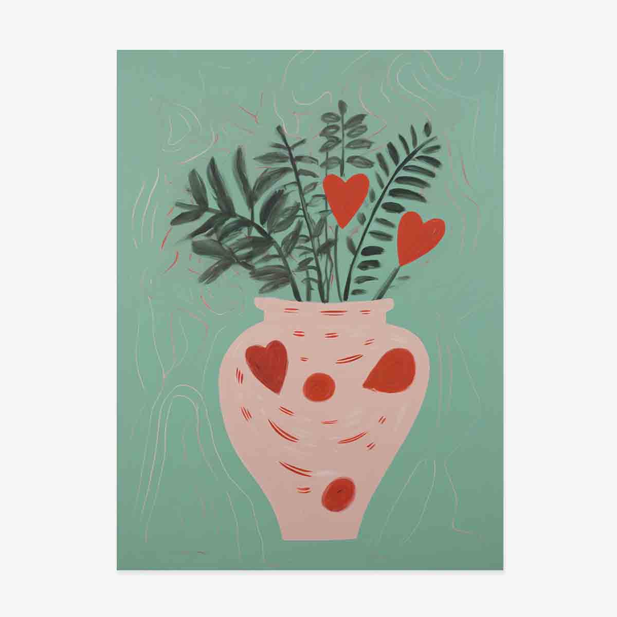 Affiche illustrée représentant des plantes en pot et des petits cœurs dessinés
