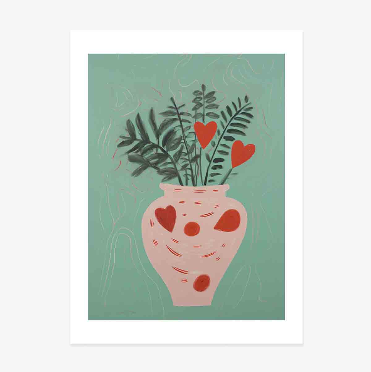 Affiche illustrée représentant des plantes en pot et des petits cœurs dessinés