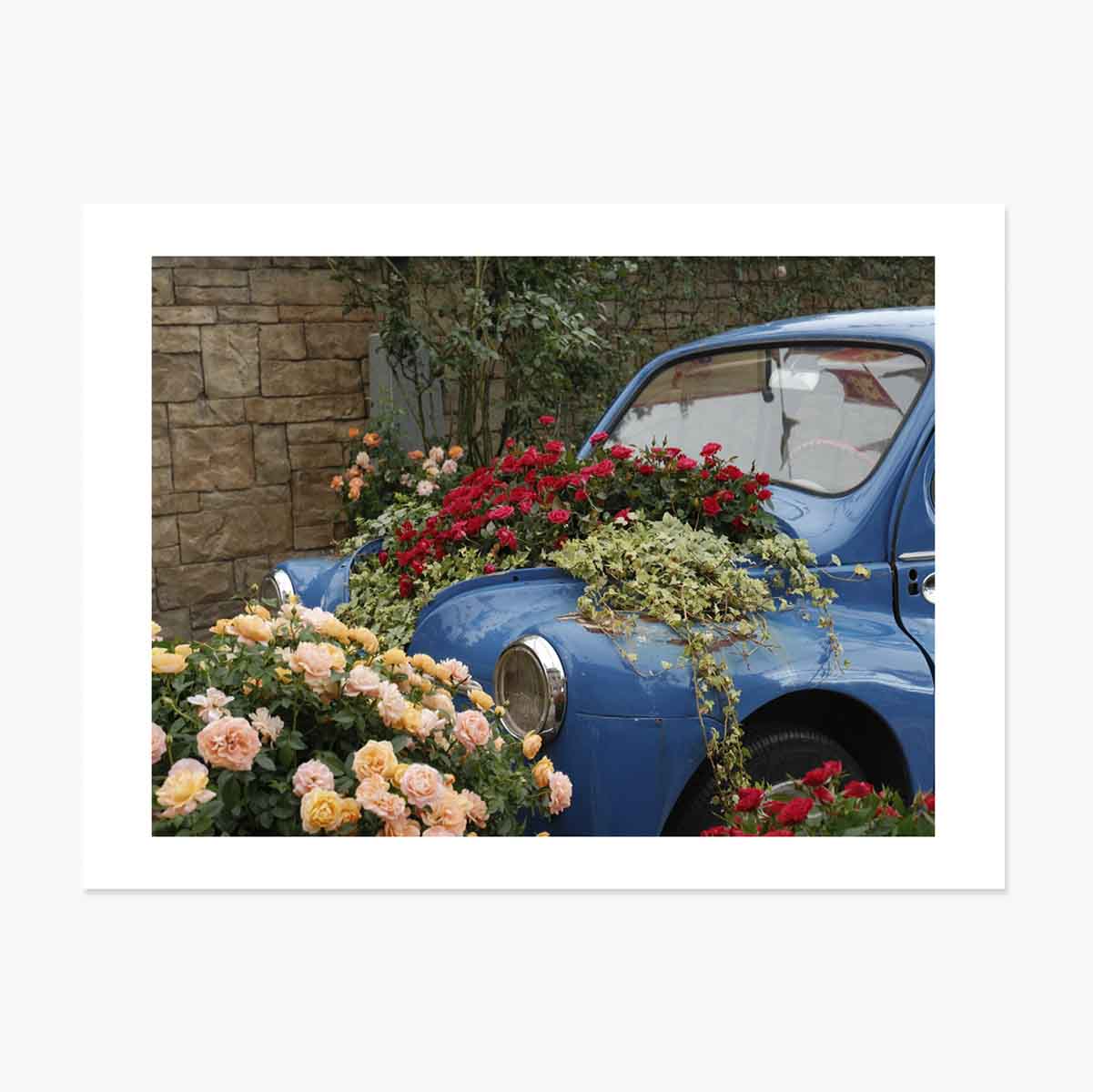 Affiche « Voiture bleue vintage avec des fleurs »